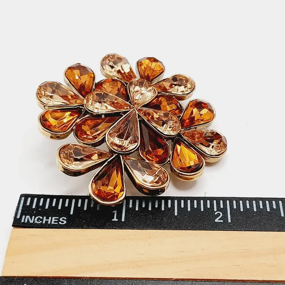 Vintage Amber Rhinestone Flower Brooch Gold Tone 2 Inch Statement Pin